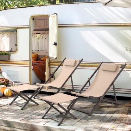 Patio Deck Chairs Folding Chair Set of 4 with 2 6-Level Adjustable Aluminum Folding Chairs and 2 Stools