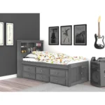 Twin Size Bed Frame with Headboard Bookcase & 6 Drawers