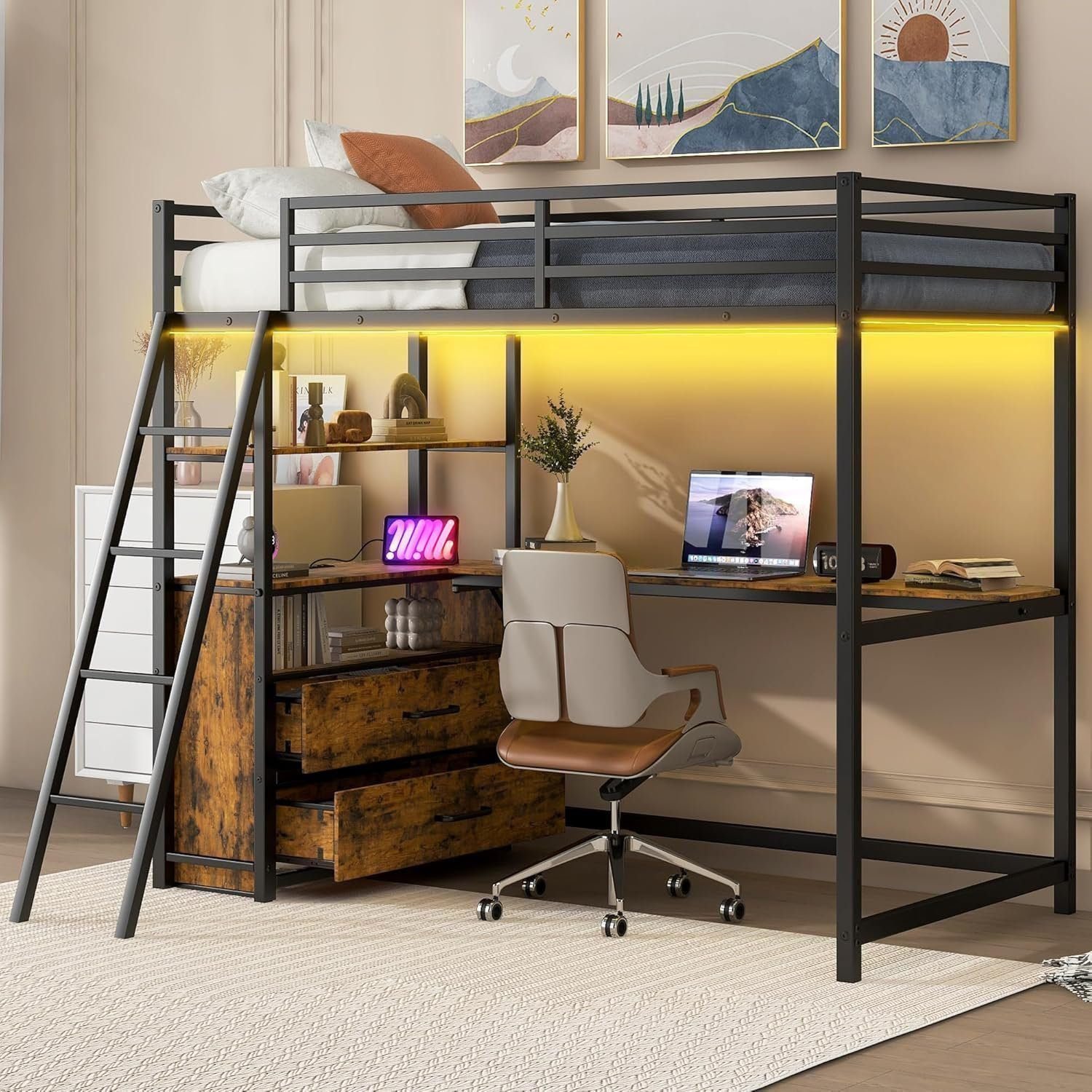 Metal Twin Size Loft Bed with Desk and Storage Drawers,LED Loft Bed Twin with USB Charging Station,Heavy Duty Loft Bed Frame Metal Twin Size Loft Bed with Desk and Storage Drawers,LED Loft Bed Twin with USB Charging Station,Heavy Duty Loft Bed Frame