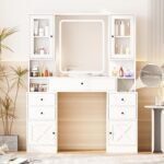 Vanity Desk with Mirror and Lights,White Makeup Vanity Table with Power Strip & LED Lighted Mirror