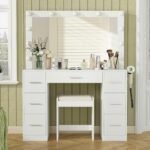 43'' W Vanity Desk with Power Outlet, Makeup Vanity with Lighted Mirror and 7 Drawers, 3 Colors Lighting Modes Vanity