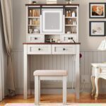 Farmhouse Vanity Desk with LED Lighted Sliding Mirror Makeup Vanity Table with 4 Drawers Shelves