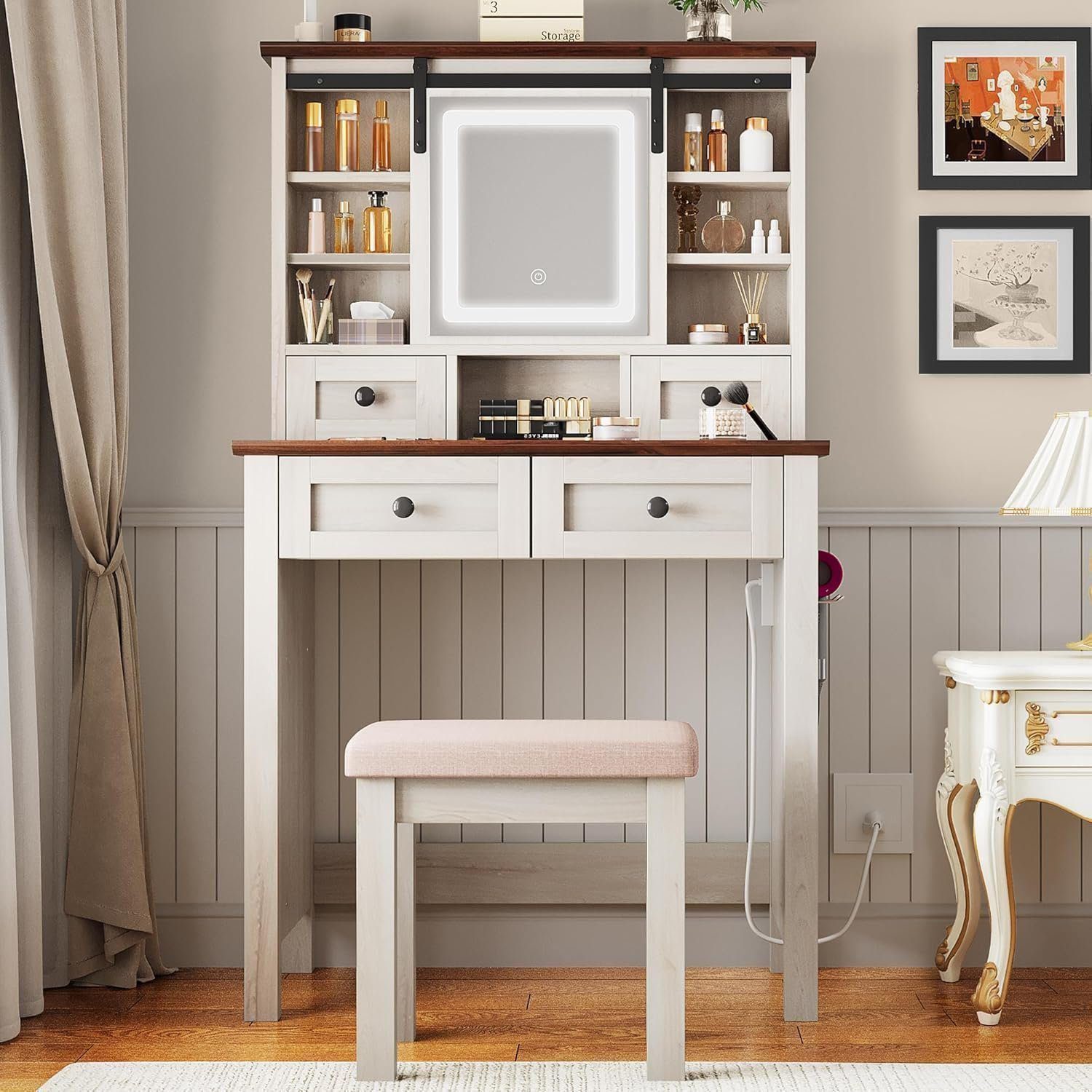 Farmhouse Vanity Desk with LED Lighted Sliding Mirror Makeup Vanity Table with 4 Drawers Shelves Farmhouse Vanity Desk with LED Lighted Sliding Mirror Makeup Vanity Table with 4 Drawers Shelves