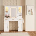 Esmlada Vanity Desk with Mirror, LED Lights and Power Outlet, Large Vanity Table Set with Display Cabinets