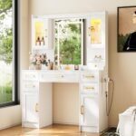 Esmlada Vanity Desk with Mirror, LED Lights and Power Outlet, Large Vanity Table Set with Display Cabinets