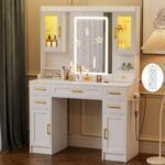 Esmlada Vanity Desk with Mirror, LED Lights and Power Outlet, Large Vanity Table Set with Display Cabinets