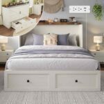 LUXOAK Murphy Bed with Charging Station, Queen Size Cabinet Bed with Large Storage Drawer for Home Office or Small Room