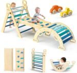 Pikler Triangle Set 7in1 Foldable Baby Climbing Toys Wooden Montessori Climbing Set with Arch&Ramp&Ladder Baby Climber Indoor Jungle Gyms for Toddlers Montessori Toys - Rainbow