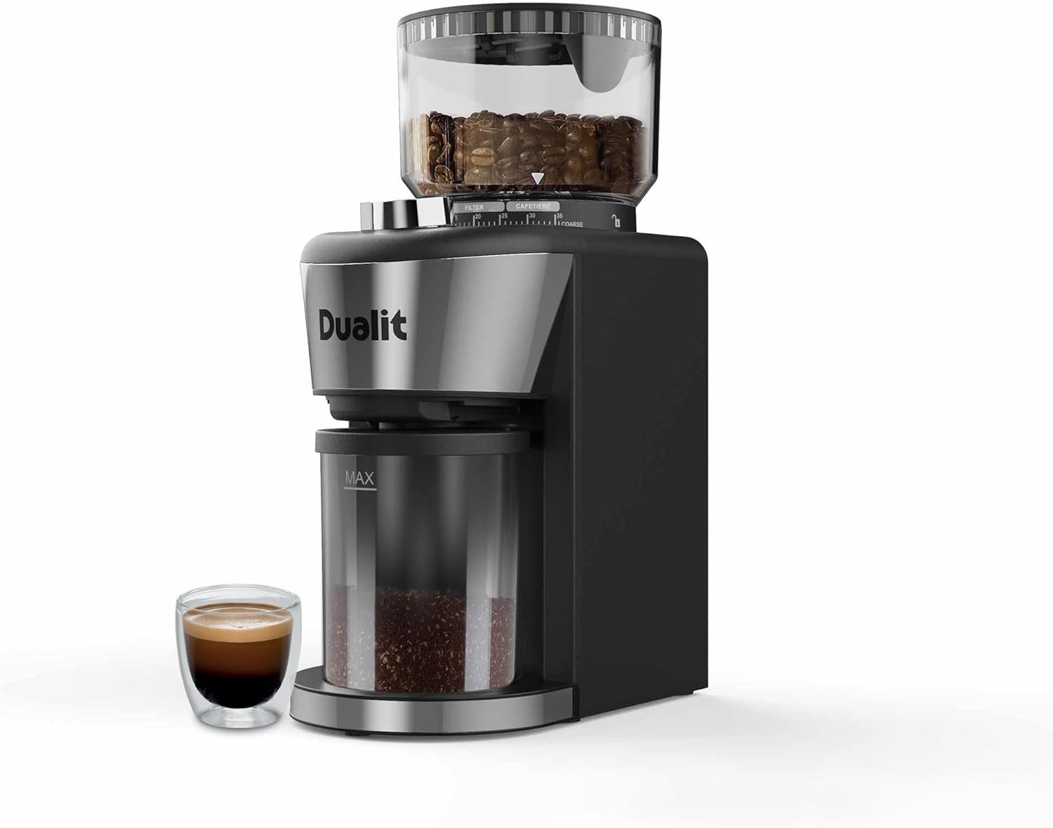 Dualit Burr Coffee Grinder - 35 Grind Settings - Adjustable Portion Control - Removable Stainless Steel Conical Burrs - Easy Cleaning - Safety Protection Program Dualit Burr Coffee Grinder - 35 Grind Settings - Adjustable Portion Control - Removable Stainless Steel Conical Burrs - Easy Cleaning - Safety Protection Program