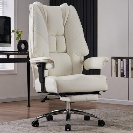 Large Tall Office Chair 400 lbs Wide Seat,Leather High Back Executive Office Chair with Footrest,Ergonomic Office Chair Lumbar Support to Relieve Lower Back Pain (Beige)