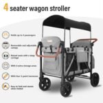 Elite Pro All-Terrain 4 Seater Wagon Stroller for Kids - Heavy-Duty 300lb Capacity,One-Hand Fold Design,High Seats with 5-Point Harness,Adjustable Canopy and Handlebars,Light Grey
