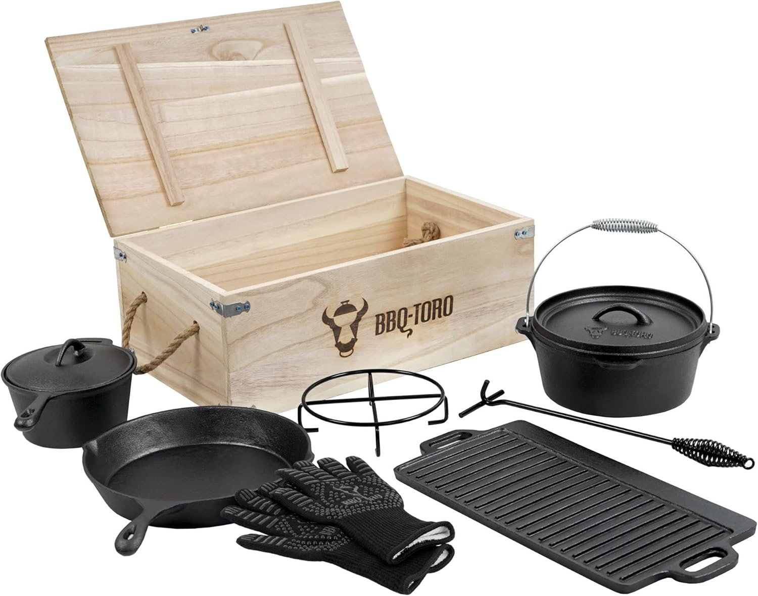 BBQ-Toro Dutch oven set in wooden box with Dutch oven and more | Cast iron - pre-seasoned (8 pieces) BBQ-Toro Dutch oven set in wooden box with Dutch oven and more | Cast iron - pre-seasoned (8 pieces)