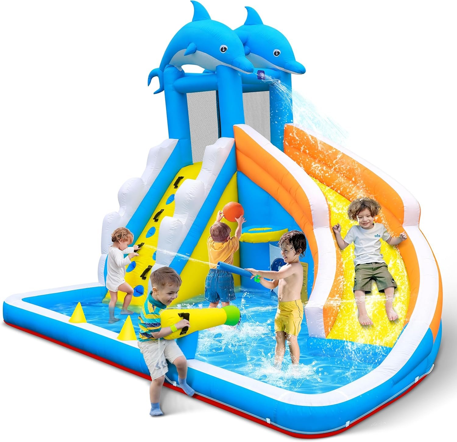 Water Slide,5 in 1 Dolphin Inflatable Bounce House for Kids- Climbing Wall Splash Pool Water Cannon Basketball Rim - 480W Blower - for Indoor Outdoor Backyard Birthday Party Water Slide,5 in 1 Dolphin Inflatable Bounce House for Kids- Climbing Wall Splash Pool Water Cannon Basketball Rim - 480W Blower - for Indoor Outdoor Backyard Birthday Party