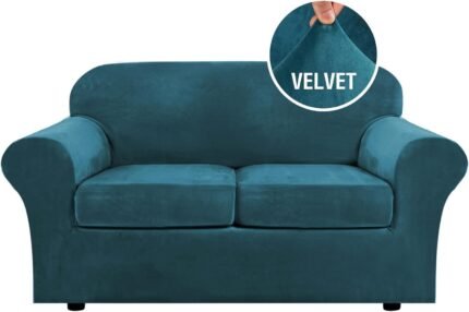 LINGKY Velvet Sofa Covers 3 Seater with 3 Separate Seat Cushion Covers,Stretch Sofa Slipcover Replacement Furniture Protector (Deep Teal,3 Seater(173-229cm))