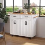 4 EVER WINNER White Kitchen Island with Storage on Wheels,Rolling Kitchen Island Cart with 2 Drawers& 4 Storage Cabinets,Wooden Countertop,Towel Racks,Adjustable Shelves