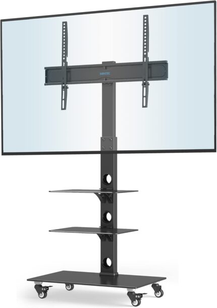 BONTEC TV Stand with Wheels for 30-70 inch Plasma/LCD/LED Screens up to 40 kg,6 Height Adjustments with 3 Tier Tempered Glass Shelves,MAX VESA 600 x 400 mm