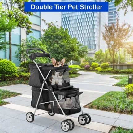 4 Wheels Pet Stroller Dog Cat Stroller,Foldable 2 Cages Strollers Kitten Puppy Carriages w/Cup Holders Soft Pad for Small Medium Dogs Cats (Black)