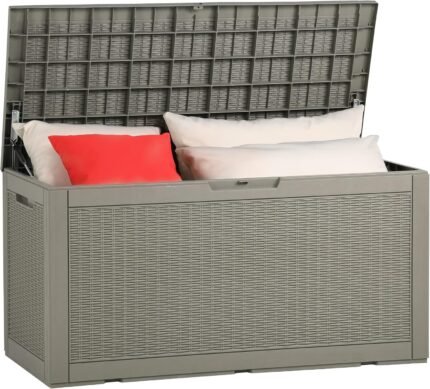 YITAHOME 450L Garden Storage Box Waterproof,Large Outdoor Storage Box with Lid,Lockable Deck Boxes Outdoor Storage Containers for Patio Cushions Garden Tools,Light Brown,140 x 66 x 59cm