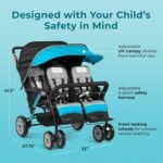 Gaggle by Foundations Compass Quad 4 Seat Stroller | 4-Seat Stroller for Daycare | Oversized UV Blocking Canopy | 5-Point Harness | Easy Loading | Storage Bucket | Teal
