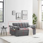 3 in 1 Sleeper Sofa Couch Bed,Small Tufted Velvet Convertible Loveseat Futon Sofa w/Pullout Bed,Adjustable Backrest,Cylinder Pillows,Multi-Pockets,Phone Holder for Living Room Apartment,Grey,55.5"