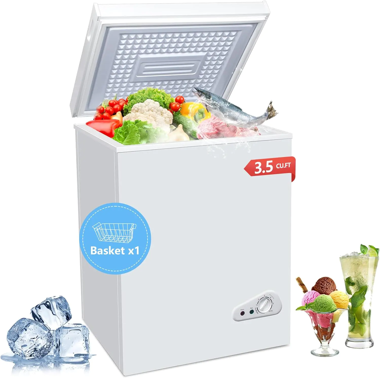 3.5 Cu.Ft Chest Freezer with a Removable Basket 7 Gears Adjustable Temperature Control(-18??F to -46??F),Deep Compact Freezer for Garage,Office,Basement,House,Kitchen,Shop,RVs-White 3.5 Cu.Ft Chest Freezer with a Removable Basket 7 Gears Adjustable Temperature Control(-18??F to -46??F),Deep Compact Freezer for Garage,Office,Basement,House,Kitchen,Shop,RVs-White