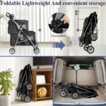 4 Wheels Pet Stroller Dog Cat Stroller,Foldable 2 Cages Strollers Kitten Puppy Carriages w/Cup Holders Soft Pad for Small Medium Dogs Cats (Black)