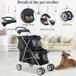 4 Wheels Pet Stroller Dog Cat Stroller,Foldable 2 Cages Strollers Kitten Puppy Carriages w/Cup Holders Soft Pad for Small Medium Dogs Cats (Black)