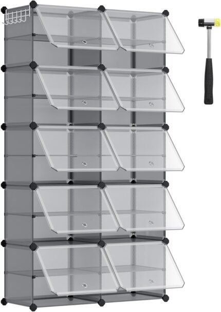 SONGMICS Shoe Rack with 10 Compartments,Shoe Cabinet,30 x 40 x 30 cm per Compartment,Narrow,with Doors,Steel Frame,Plastic,for Hallway,Bedroom,Entryway,White LPC035W01