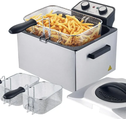 Electric Deep Fryer with Basket for Home Use,Lid with Viewing Window and Odorless Filter,Adjustable Temperature,5.3 Quart,Stainless Steel