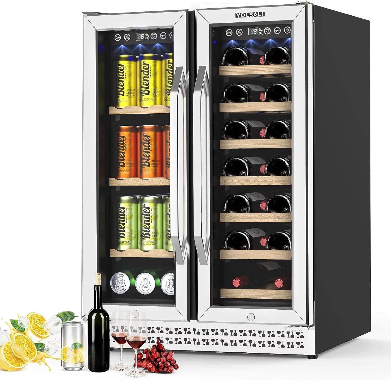 Yolsali 24 Inch Wine Cooler,Beverage Refrigerator,Dual Zone Wine Cooler Refrigerator with 2 Safety Locks,Adjustable Legs,Soft LED Light,Hold 20 Bottles and 57 Cans,Built-In or Freestanding Yolsali 24 Inch Wine Cooler,Beverage Refrigerator,Dual Zone Wine Cooler Refrigerator with 2 Safety Locks,Adjustable Legs,Soft LED Light,Hold 20 Bottles and 57 Cans,Built-In or Freestanding