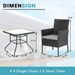 5 Piece Wicker Patio Dining Set,Outdoor Rattan Table and Chairs Sets for 4,Tempered Glass Top with Umbrella Hole Great for Deck Garden Yard Balcony,Black