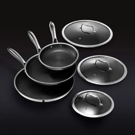 HexClad 6 Piece Hybrid Stainless Steel Cookware Pan Set 8 inch,10 inch,12 inch with Glass Lids,Size: One size,Black