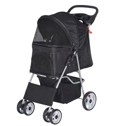 Foldable Pet Stroller,Cat/Dog Stroller with 4 Wheel,Pet Travel Carrier Strolling Cart with Storage Basket,Cup Holder,Black