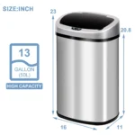 Bigacc 13 Gallon 50 Liter Kitchen Trash Can with Touch-Free & Motion Sensor,Automatic Stainless-Steel Garbage Can,Anti-Fingerprint Mute Designed Trash Bin Brushed Stainless Steel