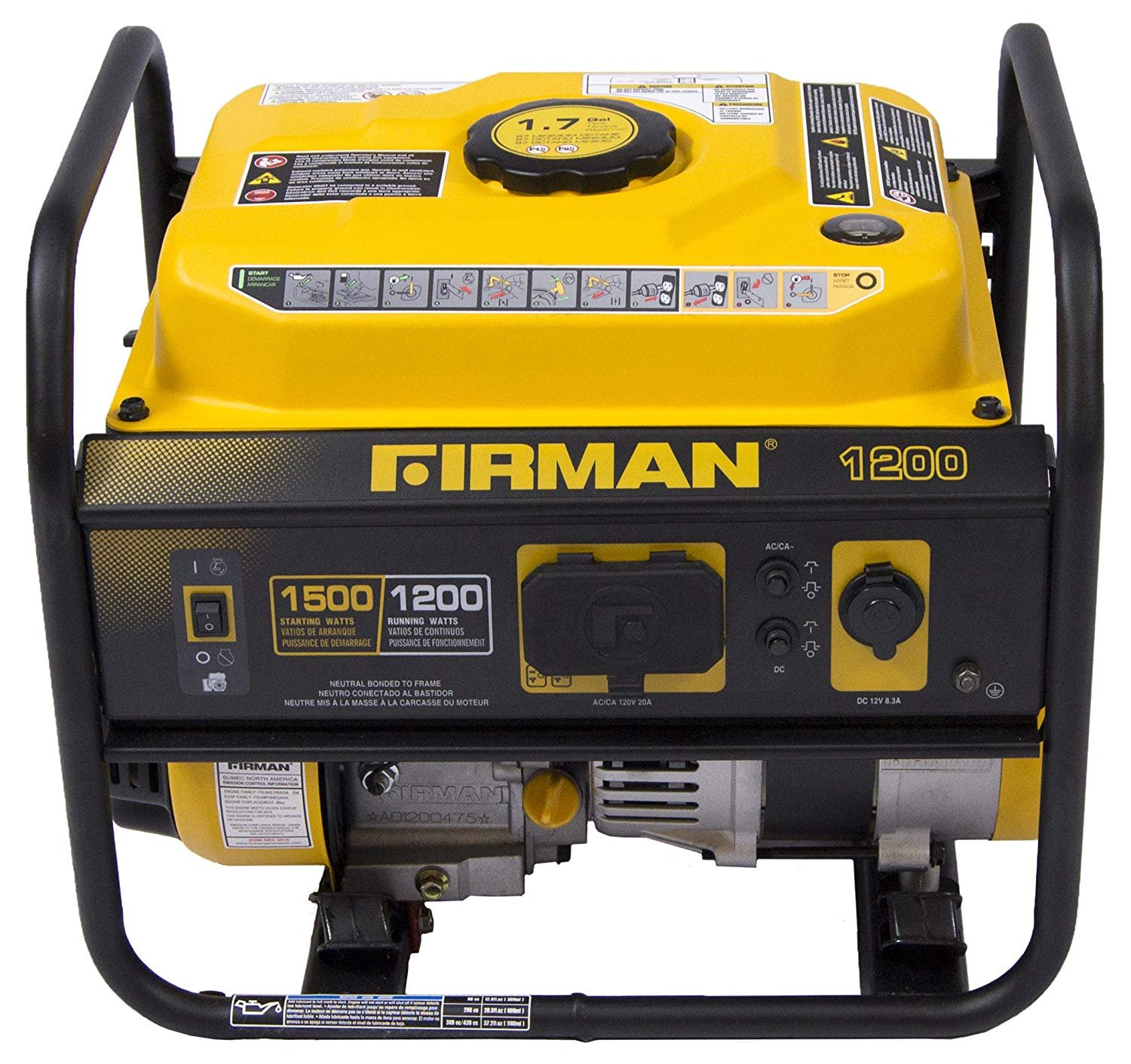 Firman P01202 15001200 Watt Recoil Start Gas Portable Generator cETL and CARB Certified with 12V83A Charging Outlets,54 lb BlackYellow Firman P01202 15001200 Watt Recoil Start Gas Portable Generator cETL and CARB Certified with 12V83A Charging Outlets,54 lb BlackYellow