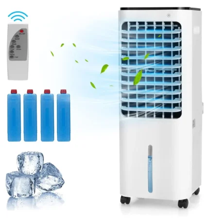 Evaporative Cooler,Include Control,4 Ice Packs,Bladeless Fan with 4 Wind Modes,3 Speeds,7.5H Timer,12L Water,LED Display,Portable Air Cooler for Indoor Use,Bedroom,White