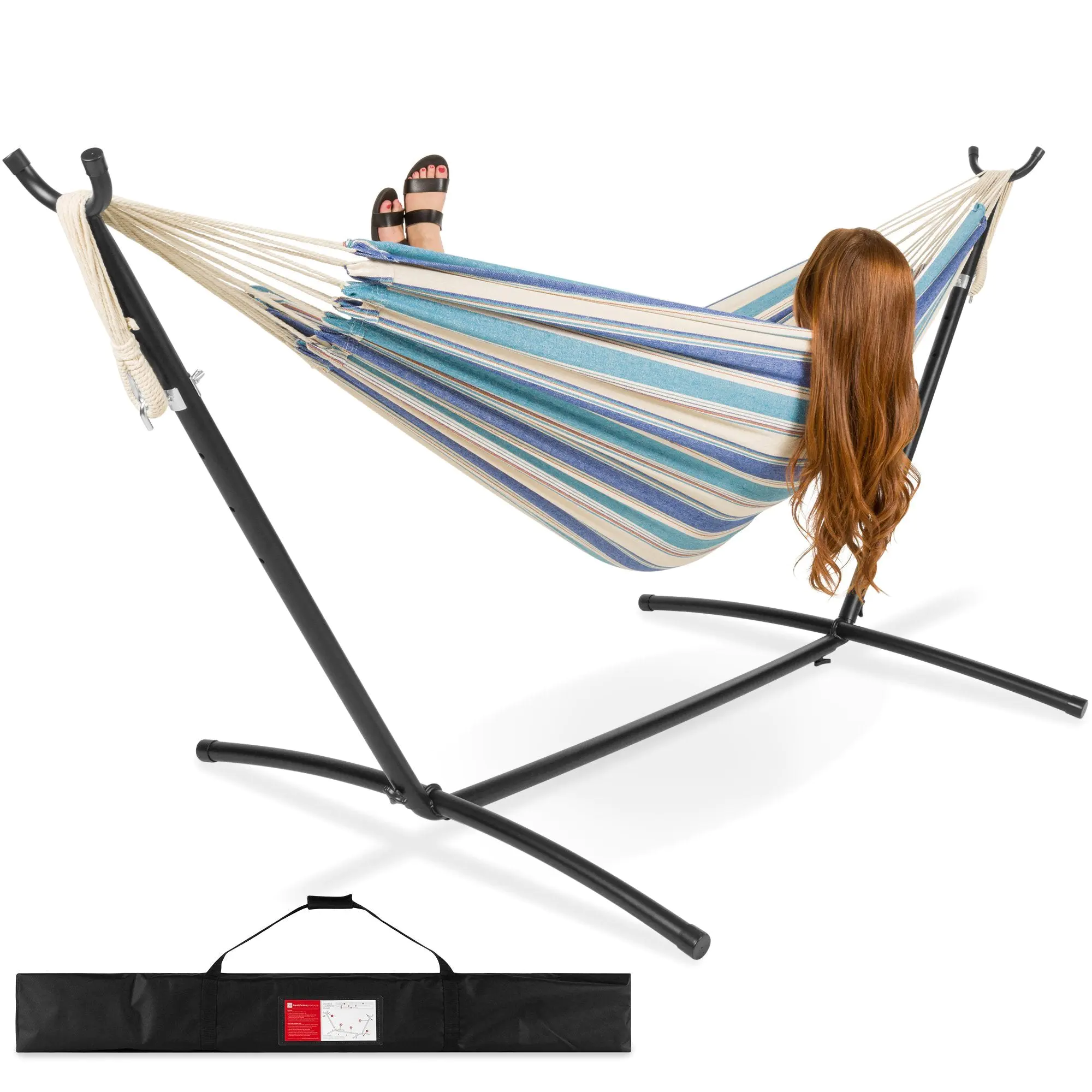 2-Person Brazilian-Style Double Hammock w/ Carrying Bag and Steel Stand 2-Person Brazilian-Style Double Hammock w/ Carrying Bag and Steel Stand