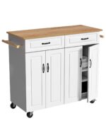 4 EVER WINNER White Kitchen Island with Storage on Wheels,Rolling Kitchen Island Cart with 2 Drawers& 4 Storage Cabinets,Wooden Countertop,Towel Racks,Adjustable Shelves